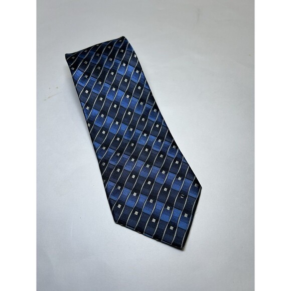 Paul Dione Men’s 100% Silk Stripes & Squares Neck Tie Blue - Picture 1 of 6